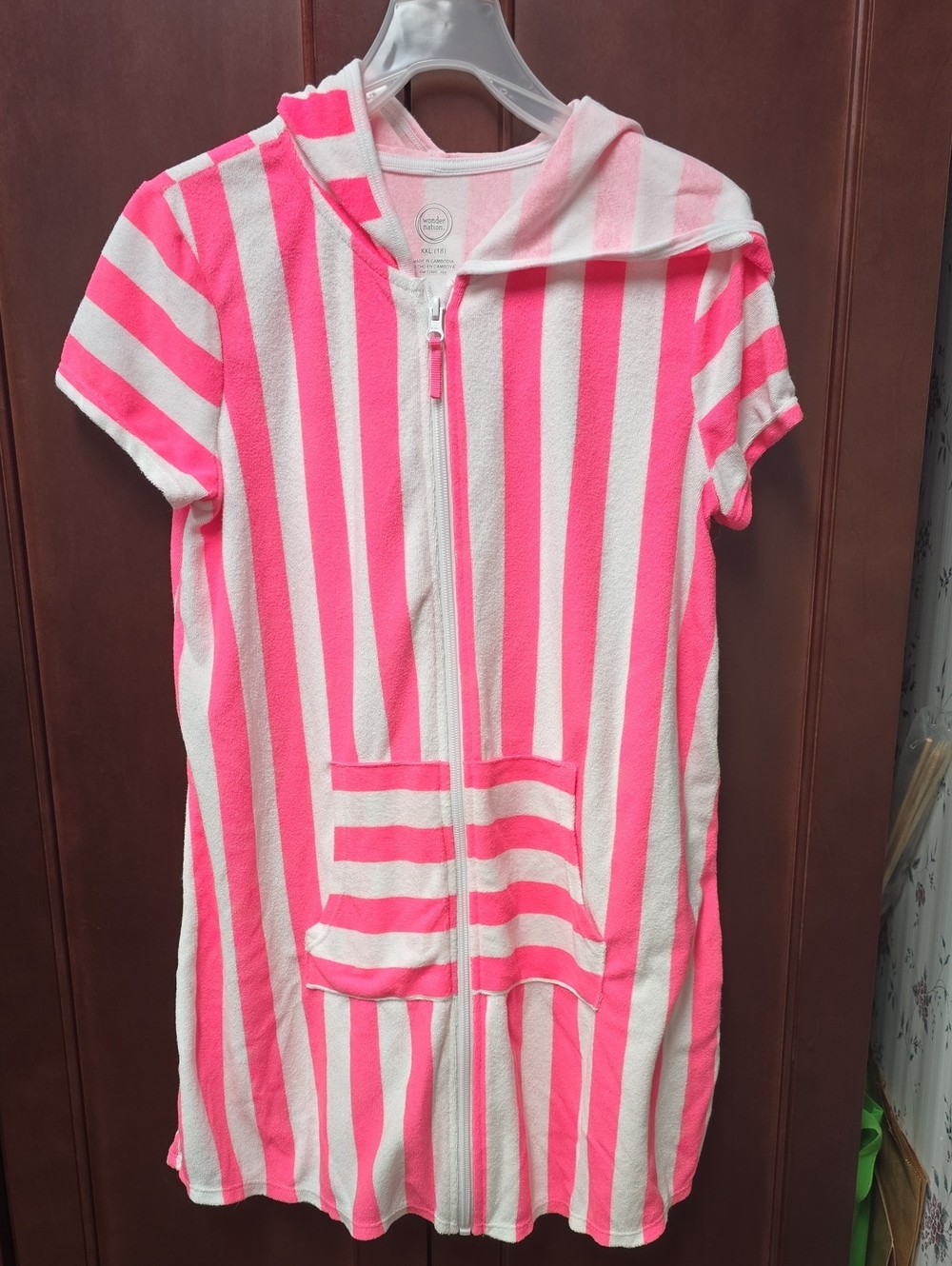 Like New. Striped Hooded Zip-Front Coverup - Pink & White Size 18